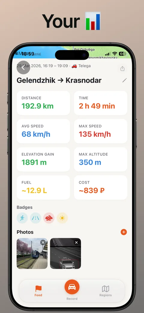 A finished trip in TripTrack: route on the map, photos and statistics