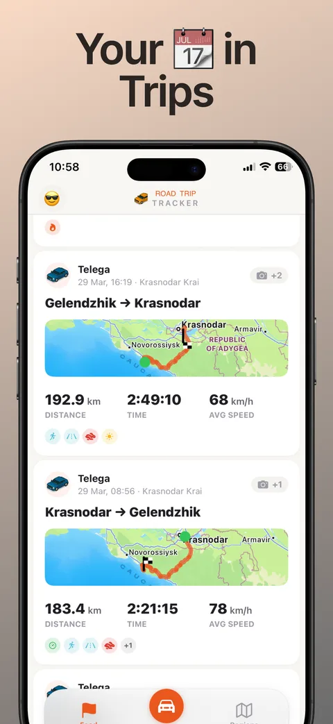 The TripTrack feed: recorded drives with route, distance and date