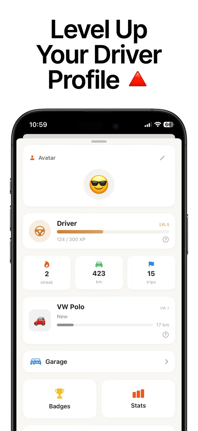 The TripTrack driver profile: level, badges and totals