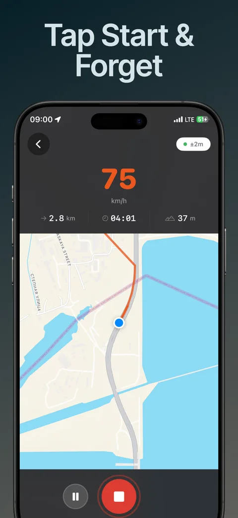 A trip being recorded: speed, distance and the route so far